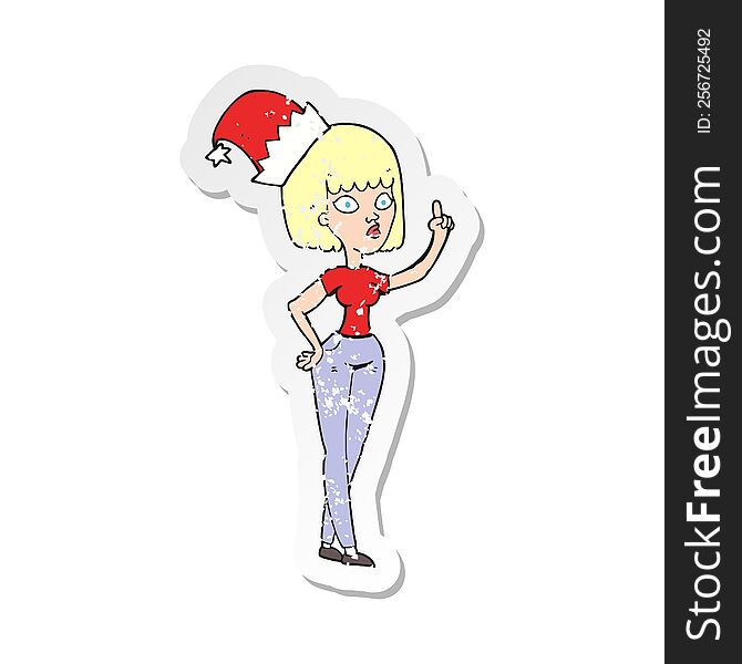 retro distressed sticker of a cartoon woman wearing christmas hat