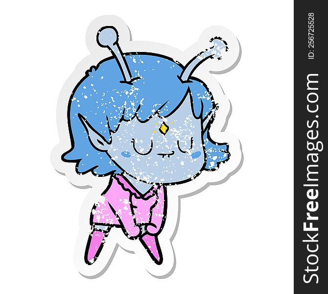 distressed sticker of a cartoon alien girl doing muscle pose