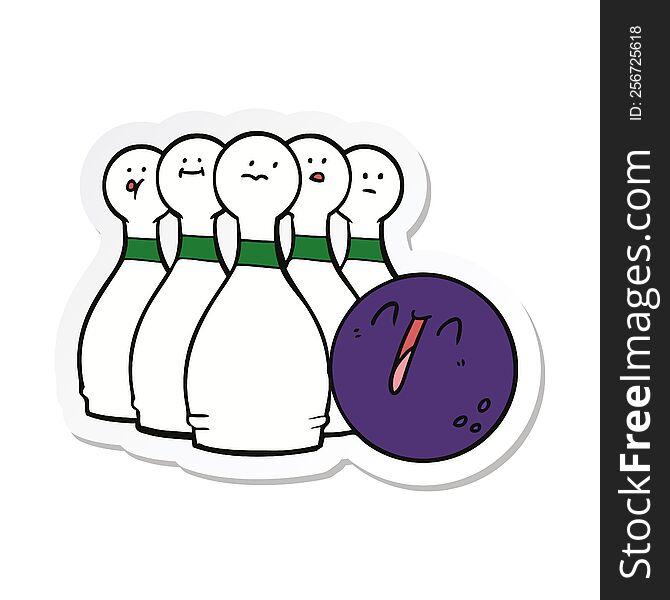 sticker of a cartoon laughing bowling ball and pins