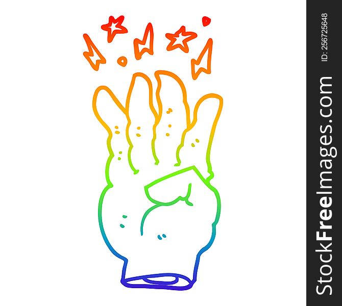rainbow gradient line drawing of a cartoon spooky magic hand
