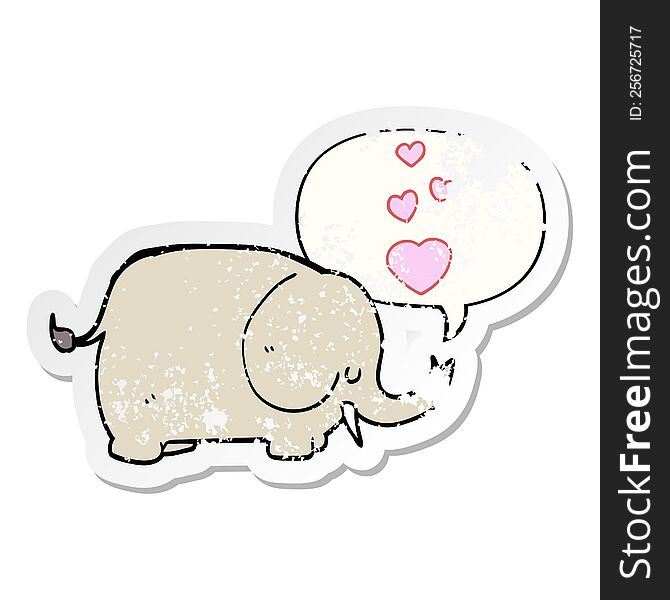 cute cartoon elephant and love hearts and speech bubble distressed sticker