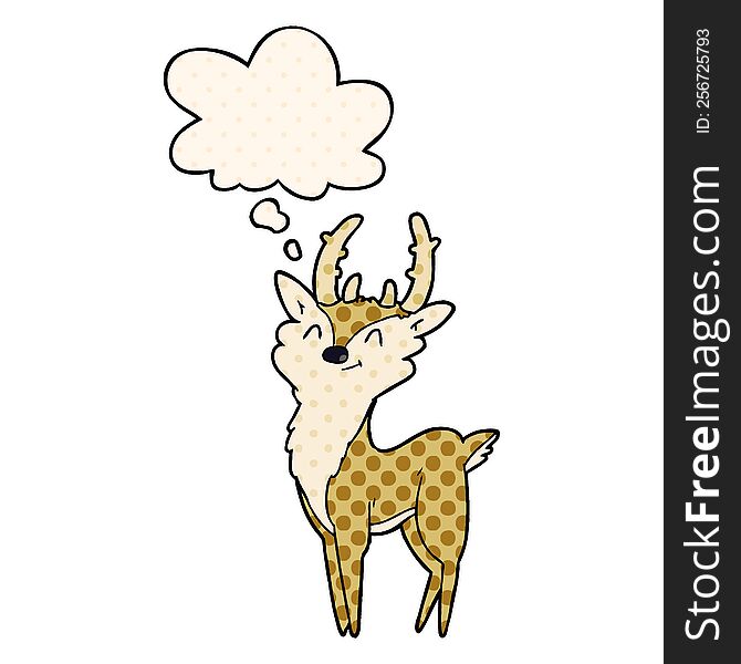cartoon happy stag with thought bubble in comic book style