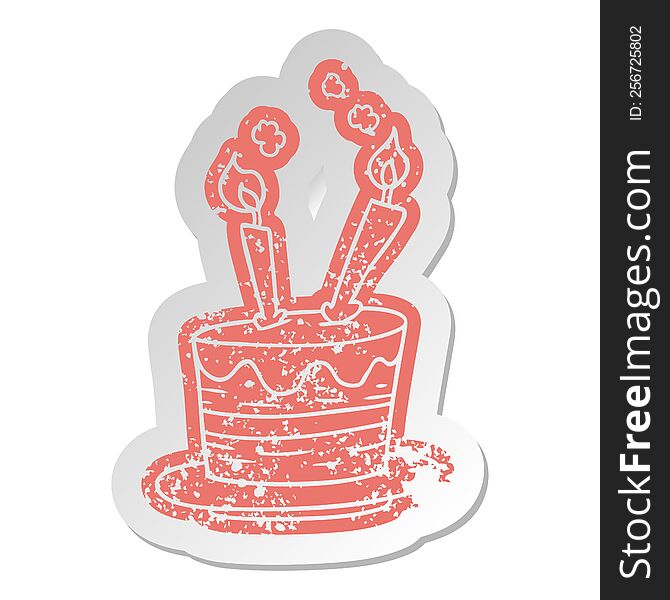 Distressed Old Sticker Of A Birthday Cake