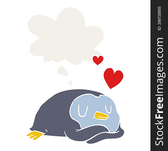 cartoon penguin in love with thought bubble in retro style