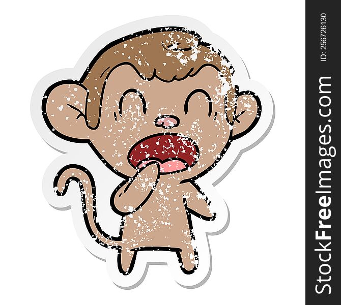 Distressed Sticker Of A Yawning Cartoon Monkey
