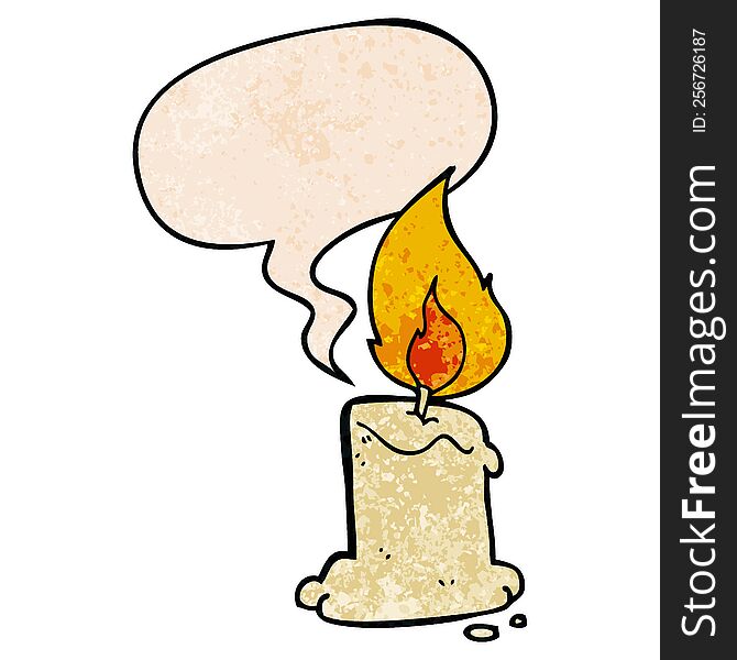 cartoon candle with speech bubble in retro texture style