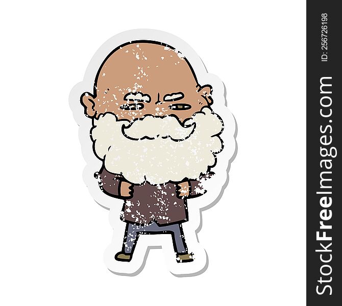 distressed sticker of a cartoon man with beard frowning