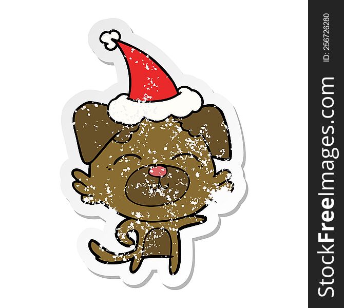 Distressed Sticker Cartoon Of A Dog Pointing Wearing Santa Hat