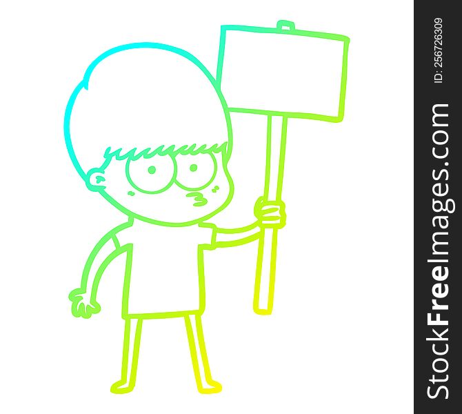 Cold Gradient Line Drawing Nervous Cartoon Boy Holding Placard