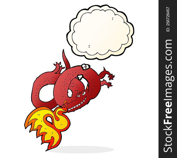 cartoon dragon breathing fire with thought bubble