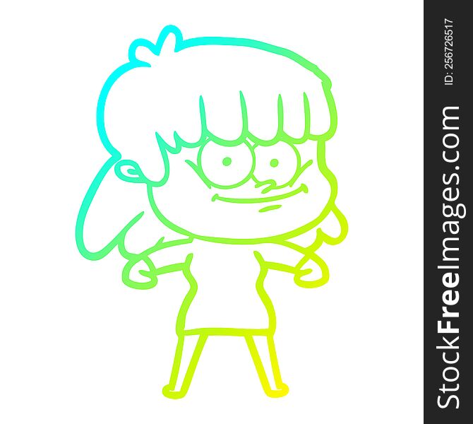 cold gradient line drawing of a cartoon smiling woman