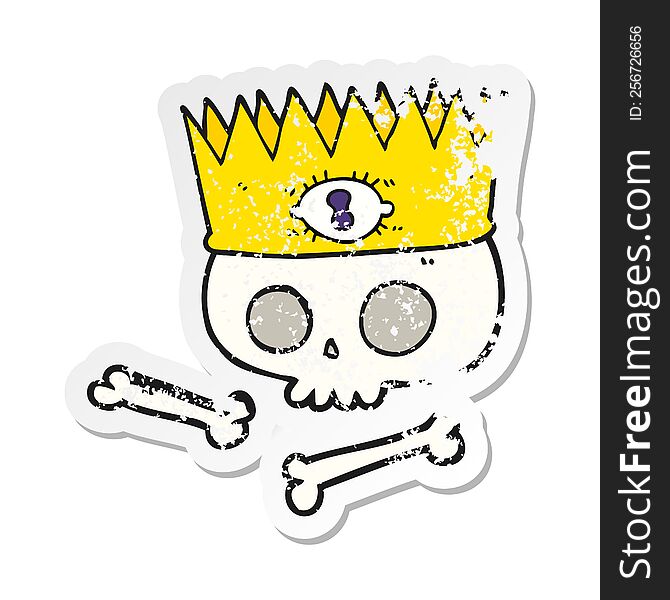 retro distressed sticker of a cartoon magic crown on old skull