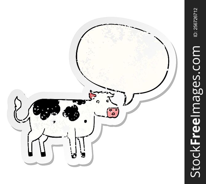cartoon cow with speech bubble distressed distressed old sticker. cartoon cow with speech bubble distressed distressed old sticker