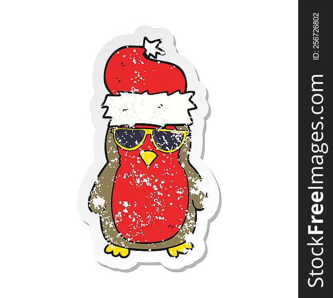 Retro Distressed Sticker Of A Cartoon Cool Christmas Robin