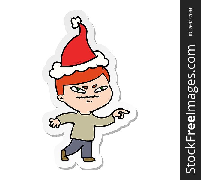 hand drawn sticker cartoon of a angry man pointing wearing santa hat