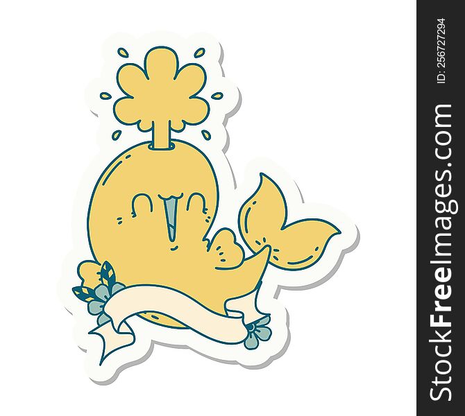 Sticker Of Tattoo Style Happy Squirting Whale Character