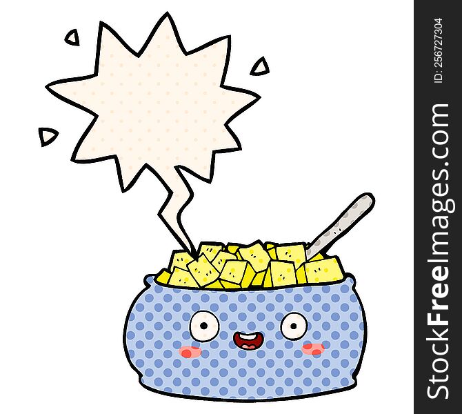 cute cartoon bowl of sugar with speech bubble in comic book style