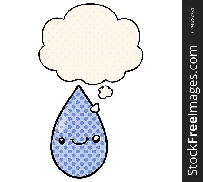 cartoon cute raindrop with thought bubble in comic book style