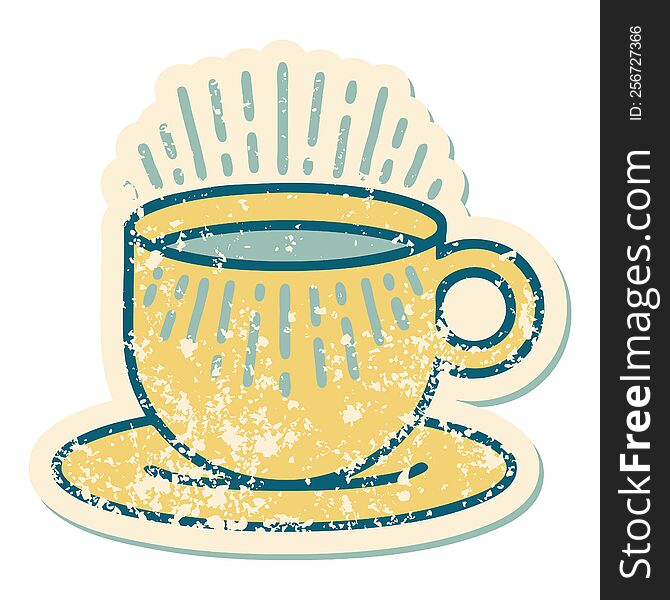 iconic distressed sticker tattoo style image of cup of coffee. iconic distressed sticker tattoo style image of cup of coffee
