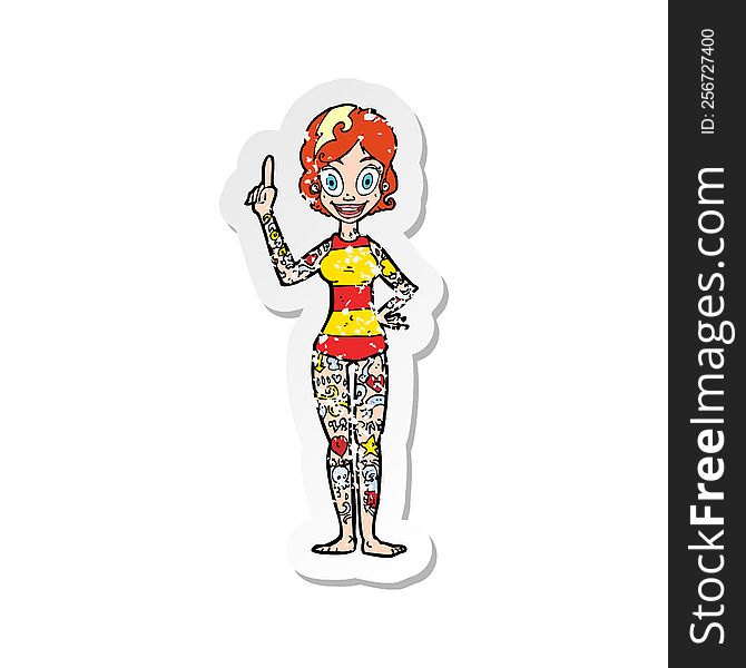 Retro Distressed Sticker Of A Cartoon Woman Covered In Tattoos