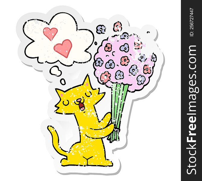 cartoon cat in love with flowers with thought bubble as a distressed worn sticker