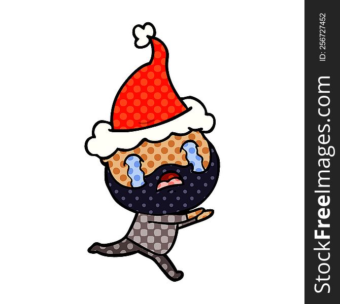 Comic Book Style Illustration Of A Bearded Man Crying Wearing Santa Hat
