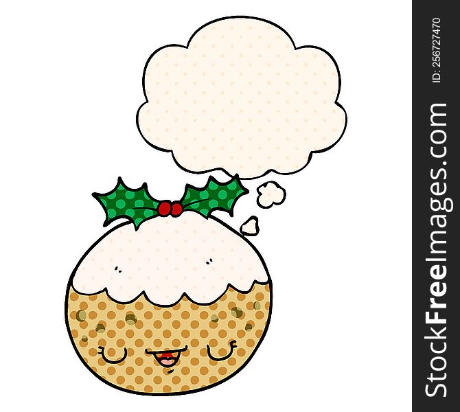 cute cartoon christmas pudding with thought bubble in comic book style
