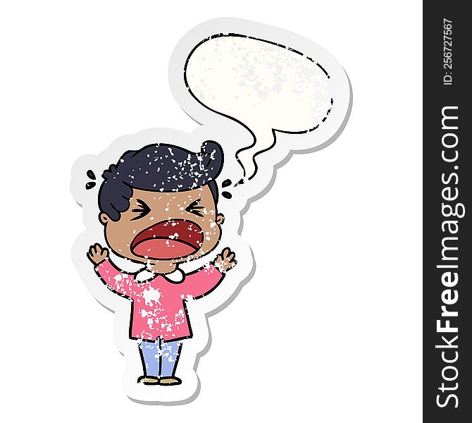 Cartoon Shouting Man And Speech Bubble Distressed Sticker
