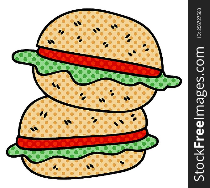 comic book style quirky cartoon veggie burger. comic book style quirky cartoon veggie burger