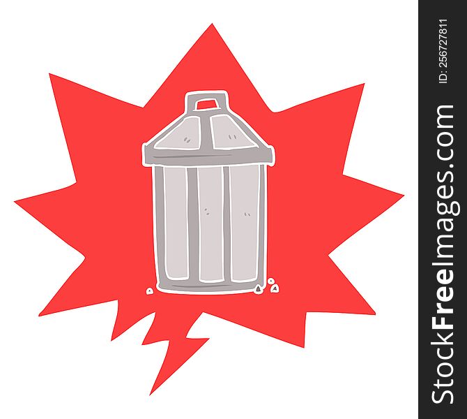 cartoon old metal garbage can with speech bubble in retro style