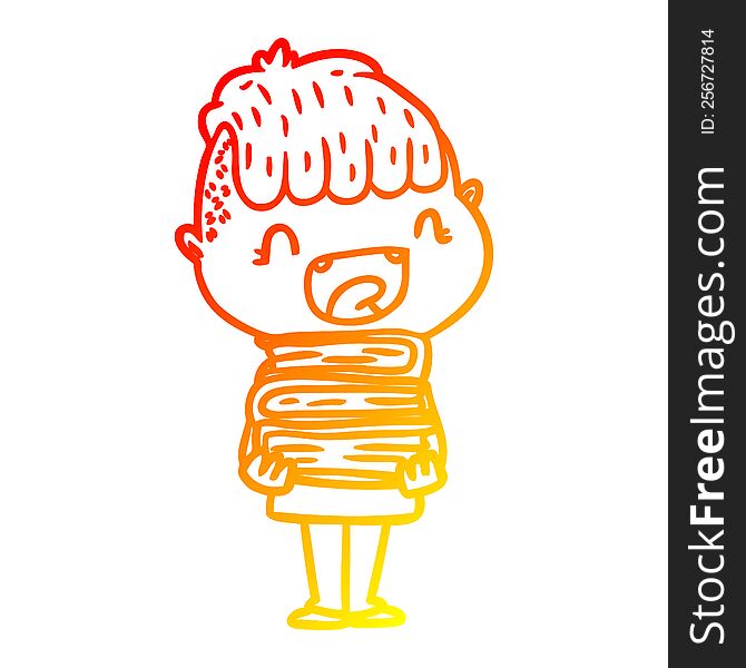 warm gradient line drawing of a cartoon happy boy with new books