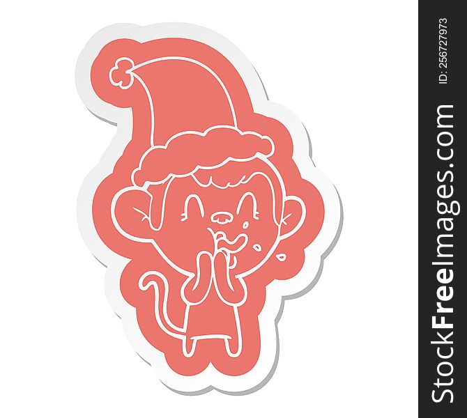 Crazy Cartoon  Sticker Of A Monkey Wearing Santa Hat