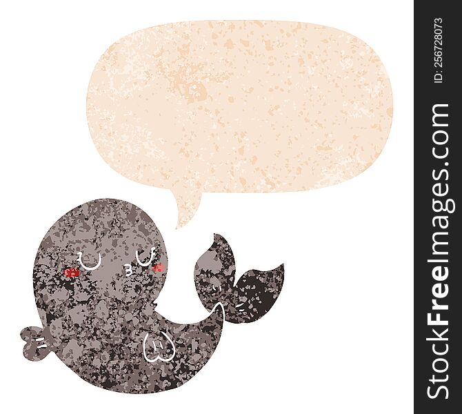 Cute Cartoon Whale And Speech Bubble In Retro Textured Style