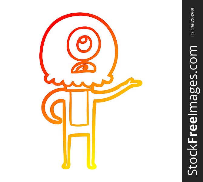 warm gradient line drawing of a cartoon cyclops alien spaceman explaining