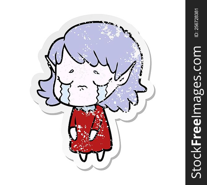 distressed sticker of a crying cartoon elf girl