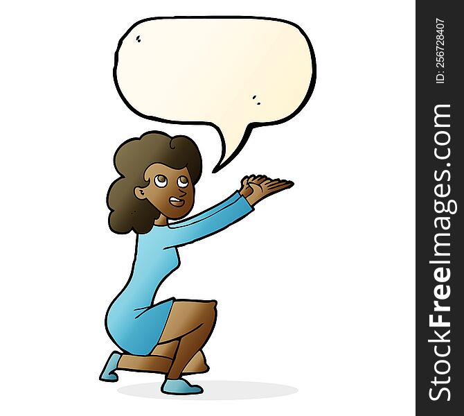 cartoon woman presentation gesture with speech bubble