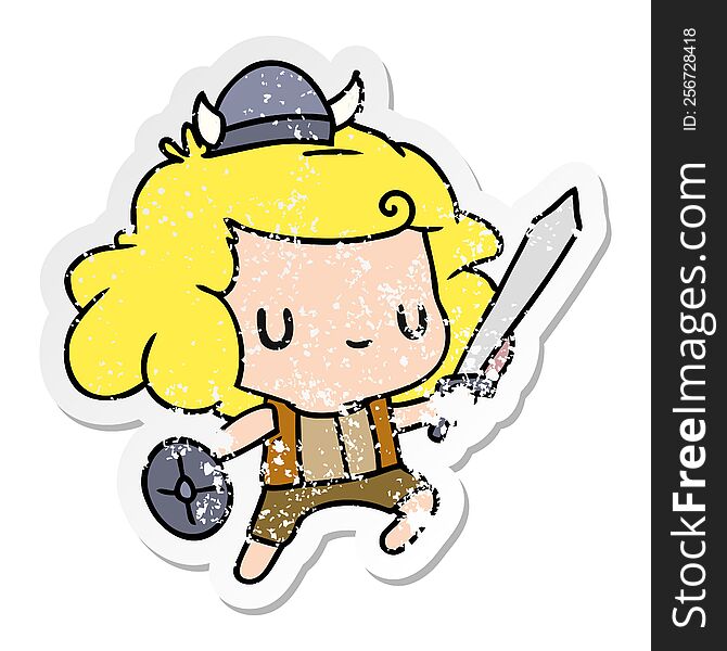distressed sticker cartoon illustration kawaii cute viking child. distressed sticker cartoon illustration kawaii cute viking child