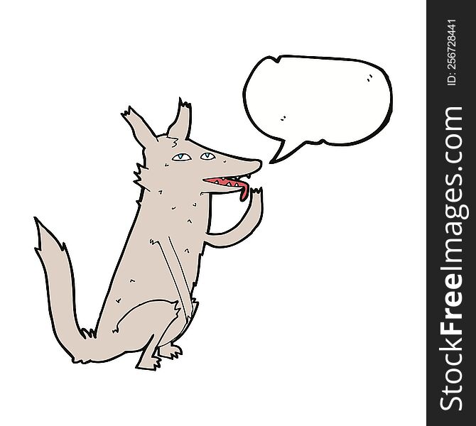 cartoon wolf licking paw with speech bubble