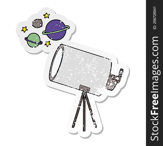Distressed Sticker Of A Cartoon Telescope Looking At Planets