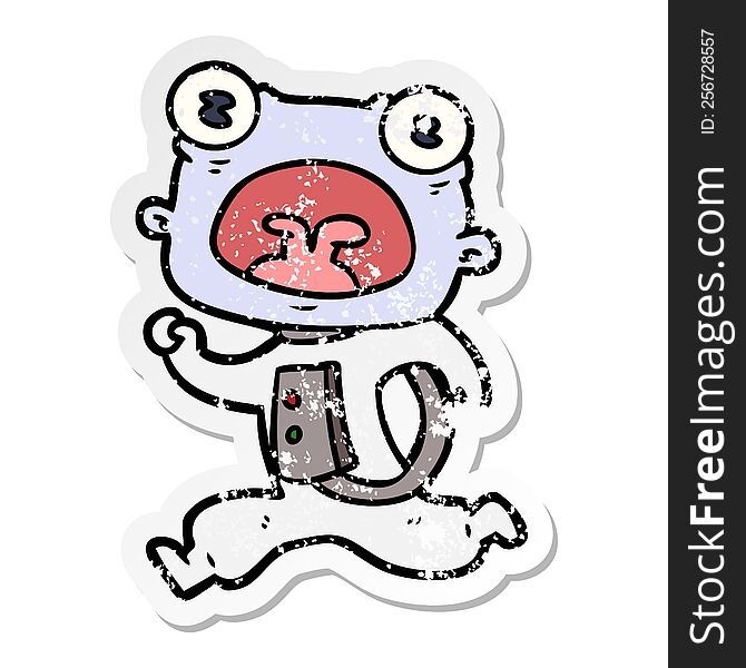 Distressed Sticker Of A Cartoon Weird Alien Running Away