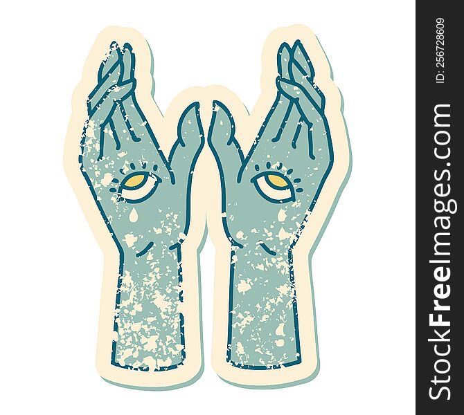 Distressed Sticker Tattoo Style Icon Of Mystic Hands