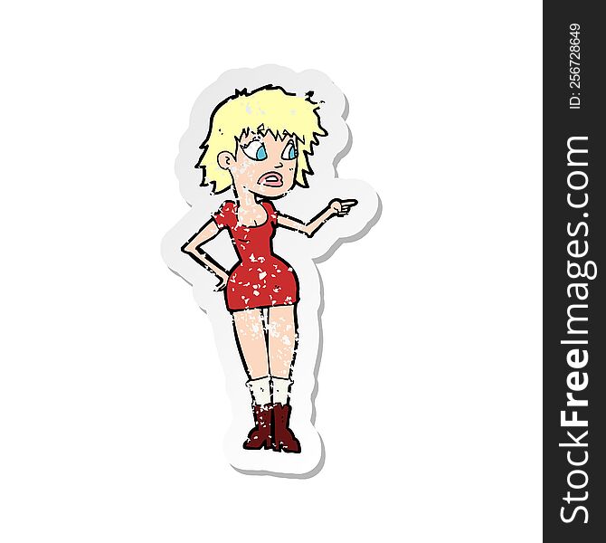 Retro Distressed Sticker Of A Cartoon Worried Woman In Dress Pointing