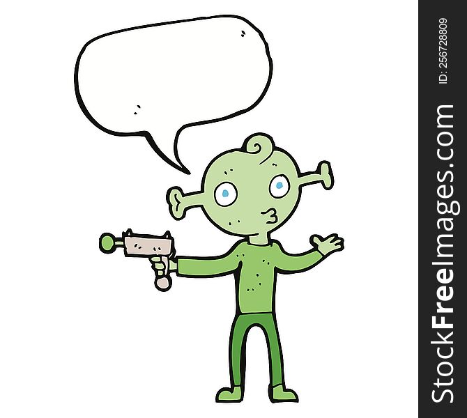 cartoon alien with ray gun with speech bubble
