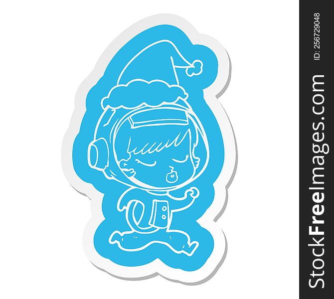 quirky cartoon  sticker of a pretty astronaut girl running wearing santa hat