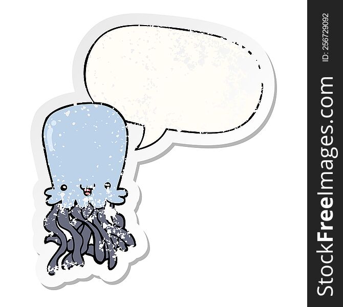 Cartoon Octopus And Speech Bubble Distressed Sticker