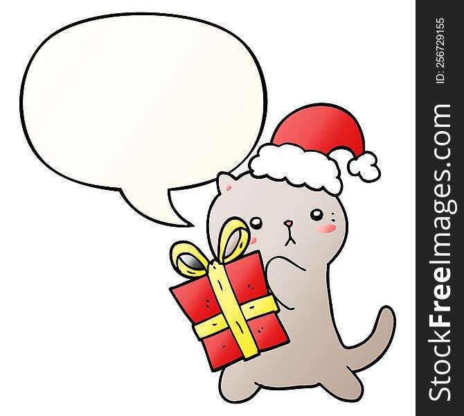 cute cartoon cat carrying christmas present with speech bubble in smooth gradient style
