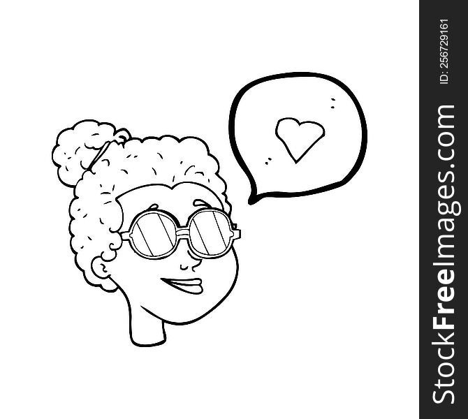 freehand drawn speech bubble cartoon woman wearing glasses. freehand drawn speech bubble cartoon woman wearing glasses