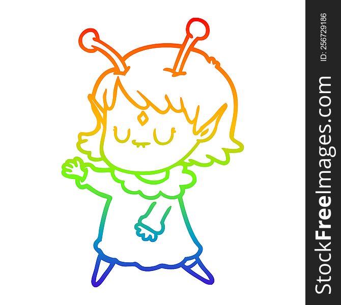 rainbow gradient line drawing of a cartoon alien girl dancing