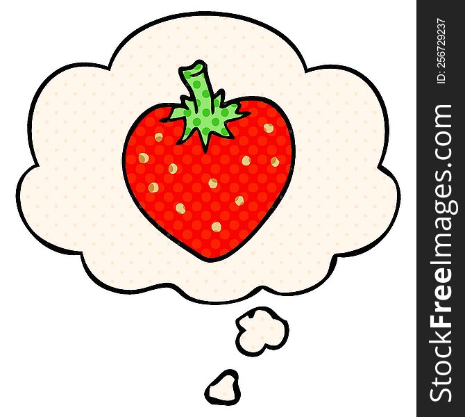 cartoon strawberry with thought bubble in comic book style