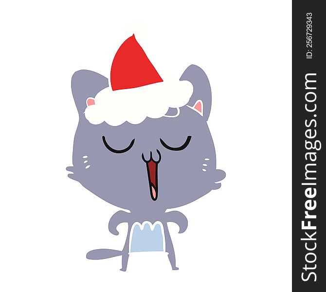 Flat Color Illustration Of A Cat Singing Wearing Santa Hat